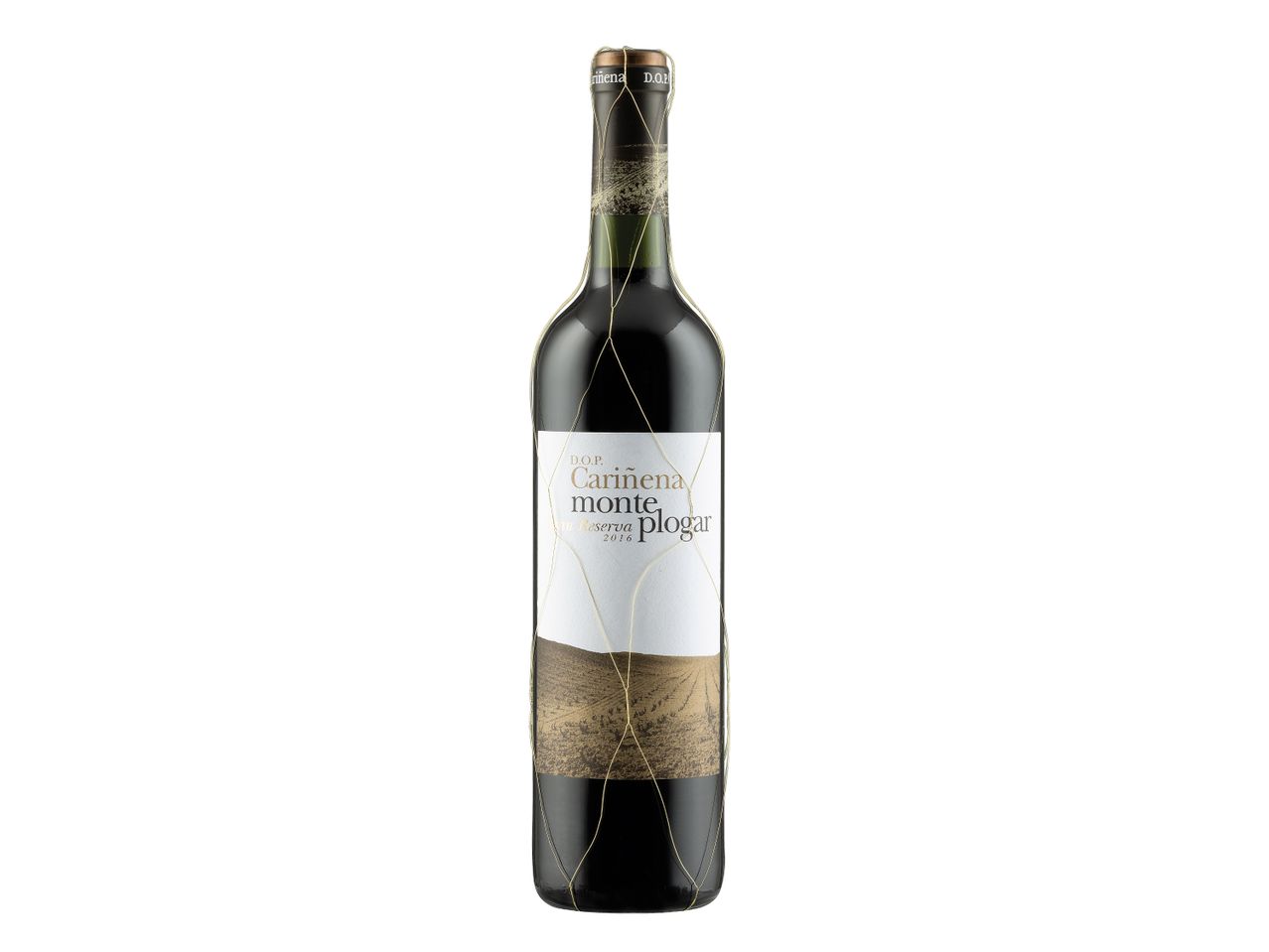 Bottle of Carinena monte ploogar Reserva 2016 red wine.