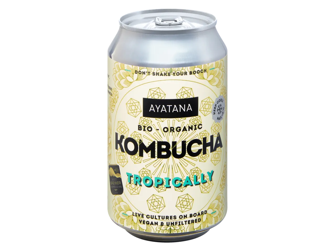 Ayatana Bio-Organic Kombucha drank met tropische smaak.