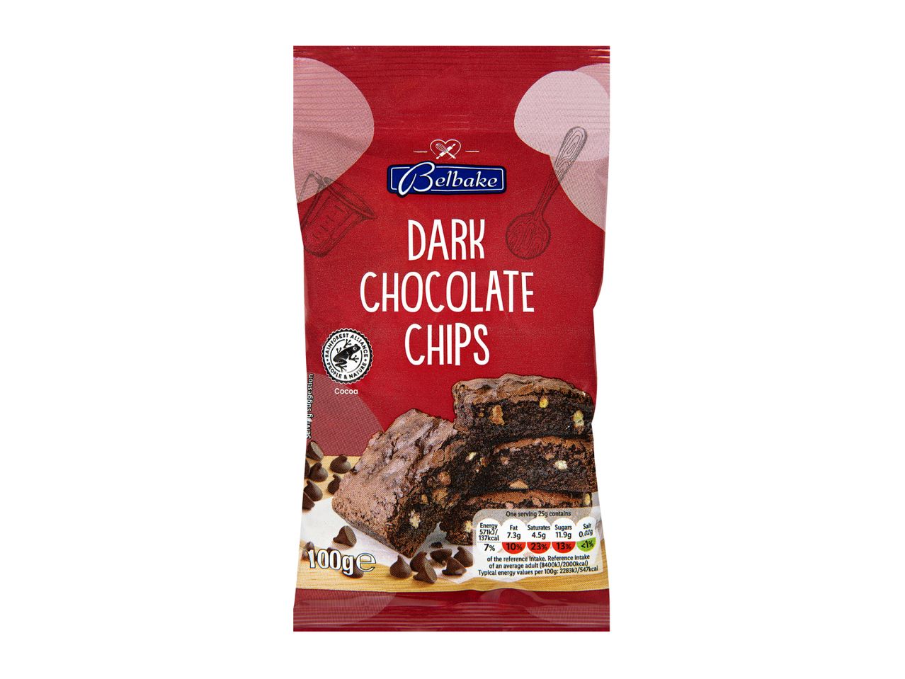 A 100g pack of dark chocolate chips with a picture of chocolate brownies.