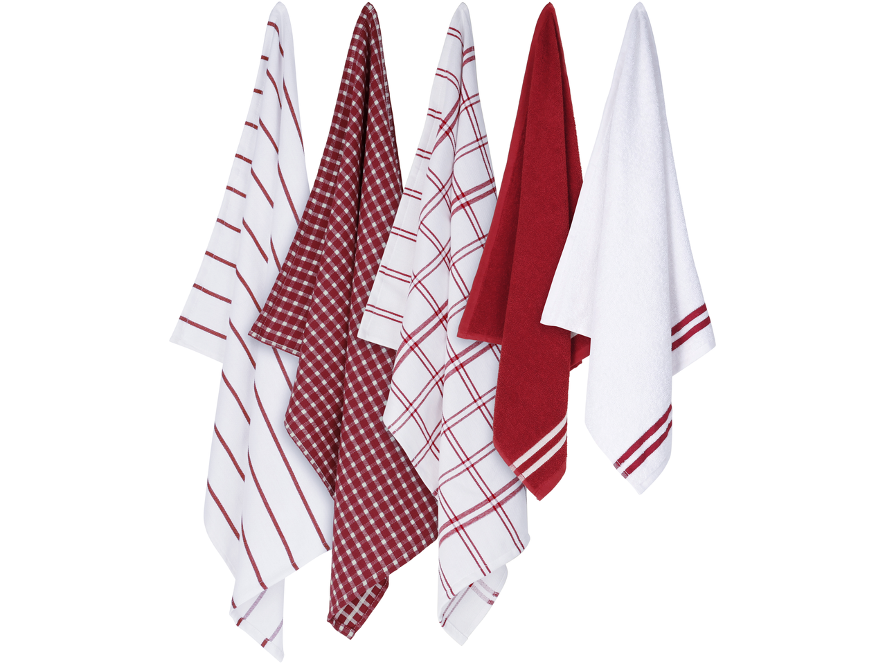 Raudonai baltų virtuvinių rankšluosčių ir šluosčių rinkinys su juostelėmis ir langučiais
