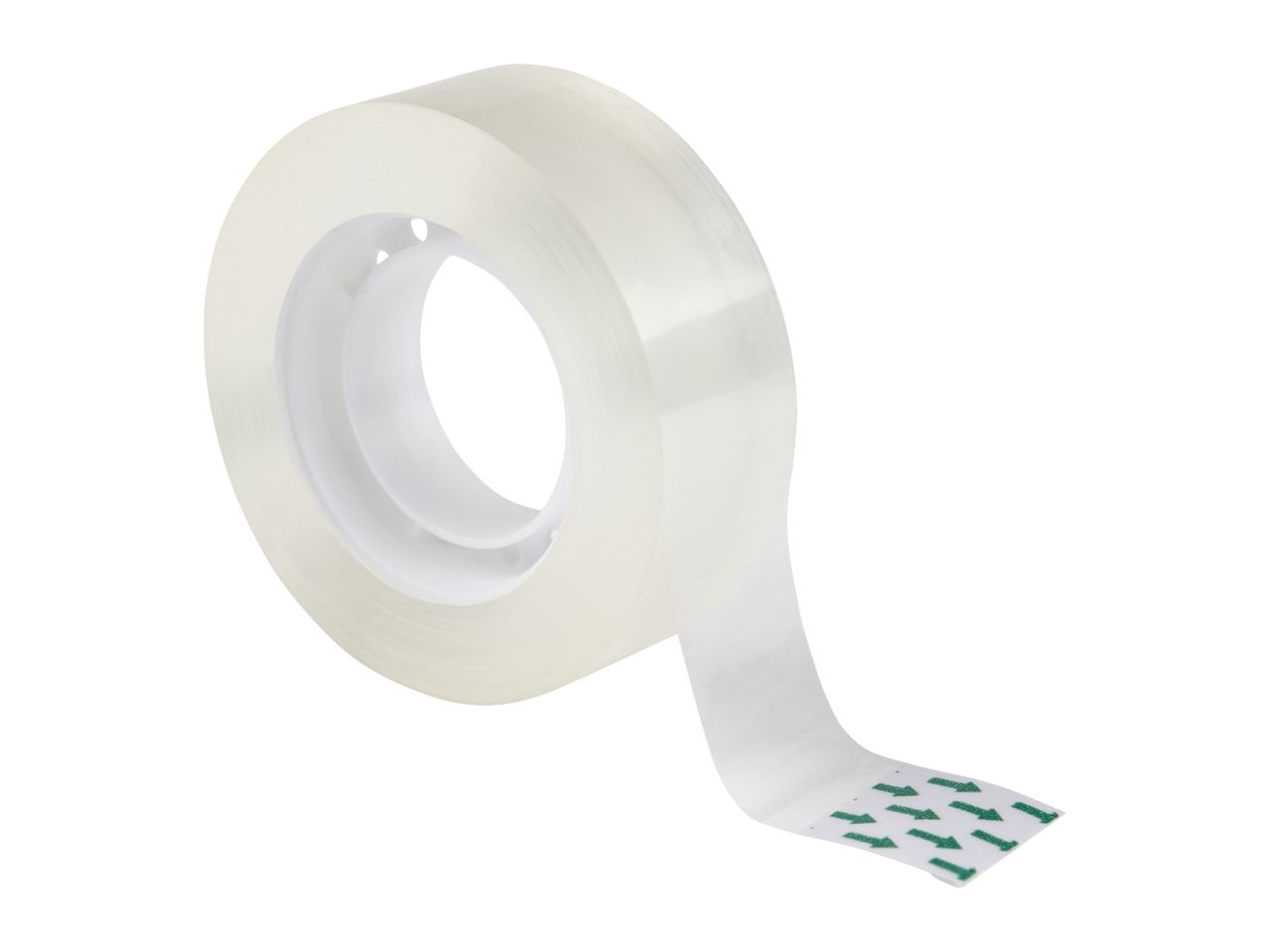 A roll of clear tape with green arrows on the dispenser.