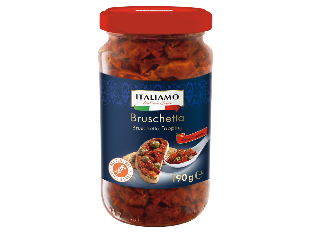 Gluténmentes szárított paradicsomos bruschetta feltét üvegben.