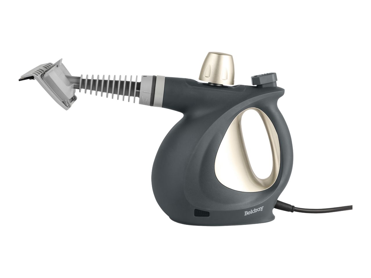 Dark grey handheld garment steamer with a gold-colored handle and nozzle, and a ribbed brush attachment.