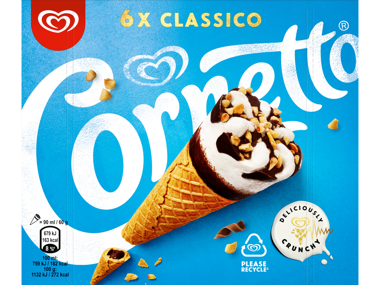 Cornetto Classic ice cream cones, 6-pack, with nutritional information and recycling logo.