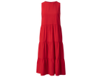 Robe longue rouge sans manches avec jupe à volants.