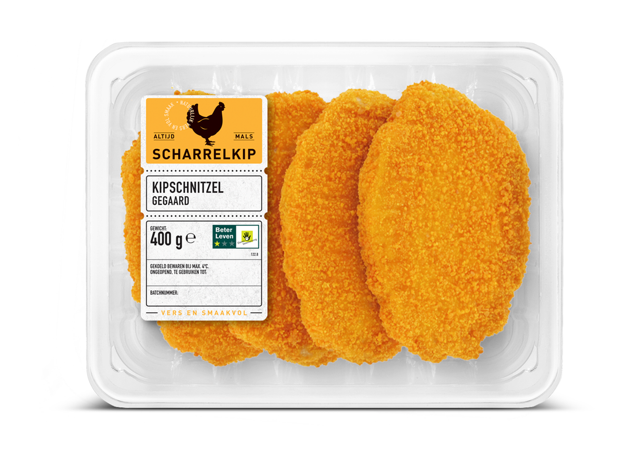 Verpakking met vier gepaneerde kipschnitzels van scharrelkip.