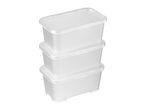 Three stackable clear plastic storage bins.
