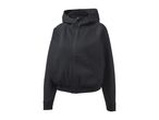Black full-zip hoodie with a small logo on the chest and a kangaroo pocket.