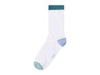 White sock with a dark green cuff, light blue heel, and light green toe.