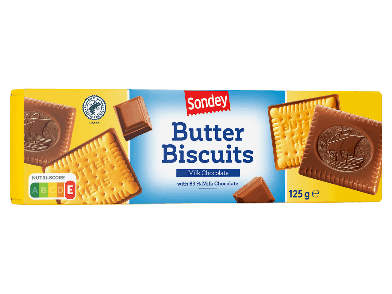 Tejcsokoládés vajas keksz 125 g-os kiszerelésben.