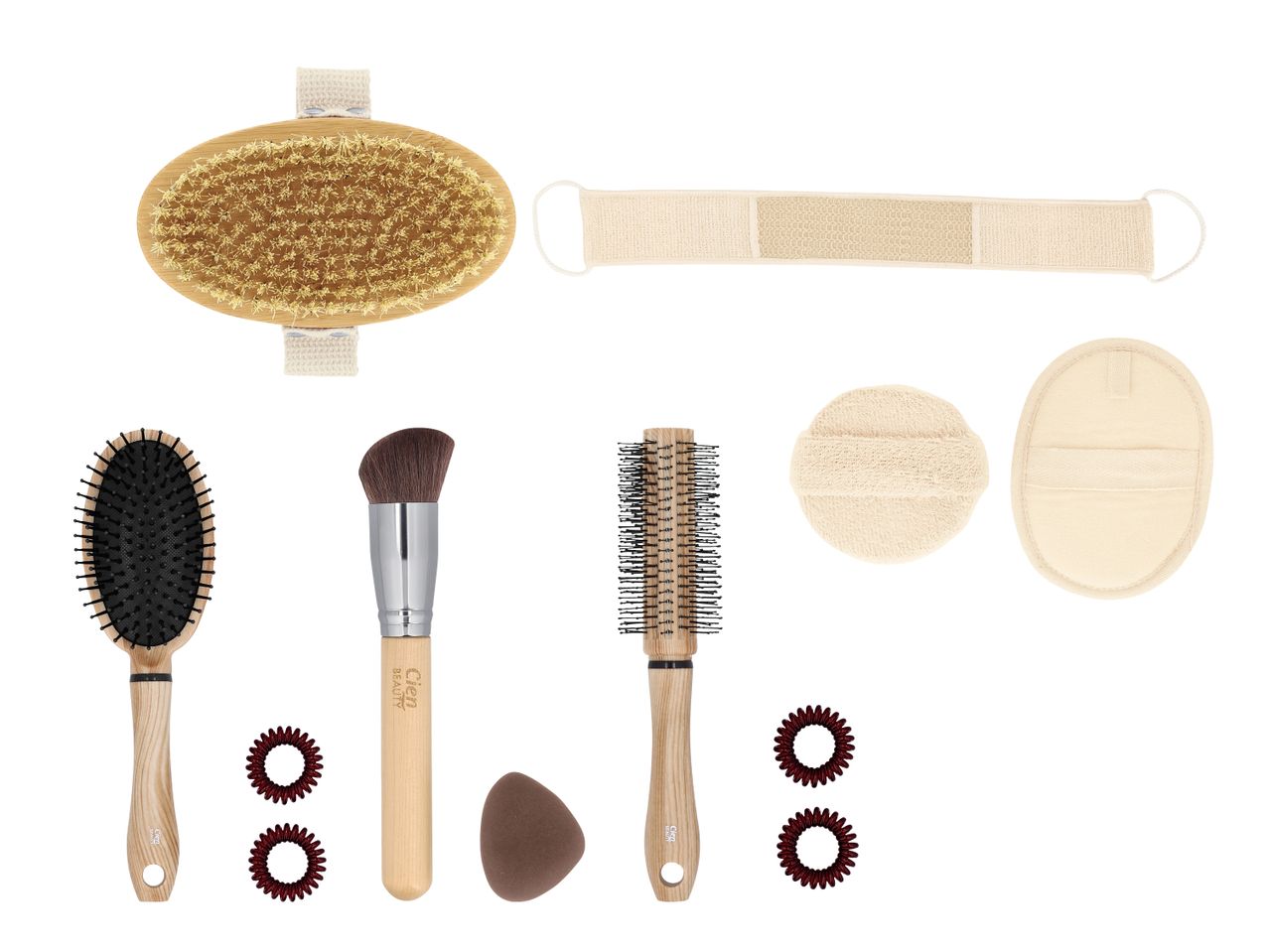 Bade- und Schönheitsartikel: Körperbürste, Rückenschrubber, Haarbürsten, Make-up-Pinsel, Schwamm und Haargummis