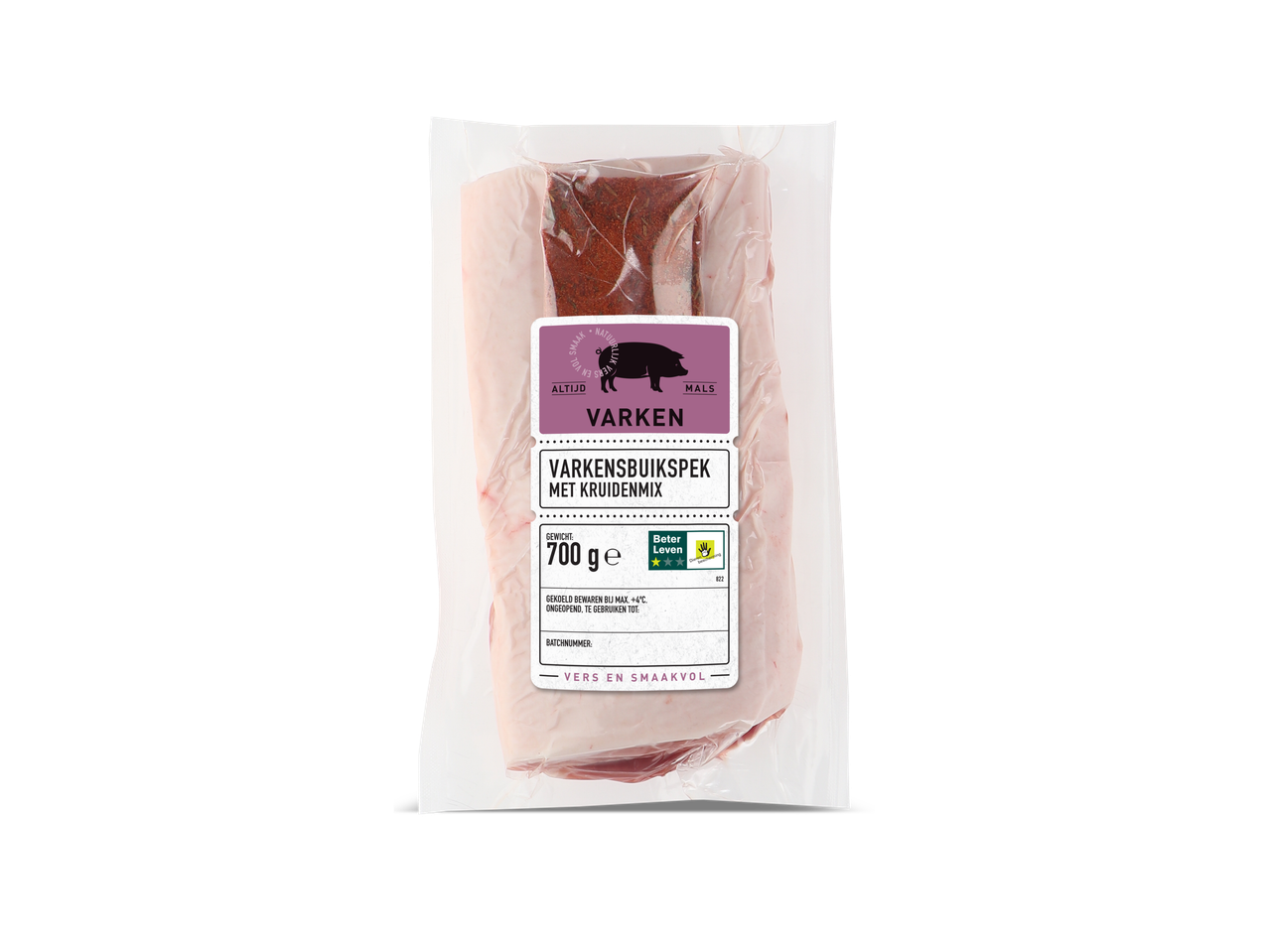 Varkensbuikspek met kruidenmix, 700 g.