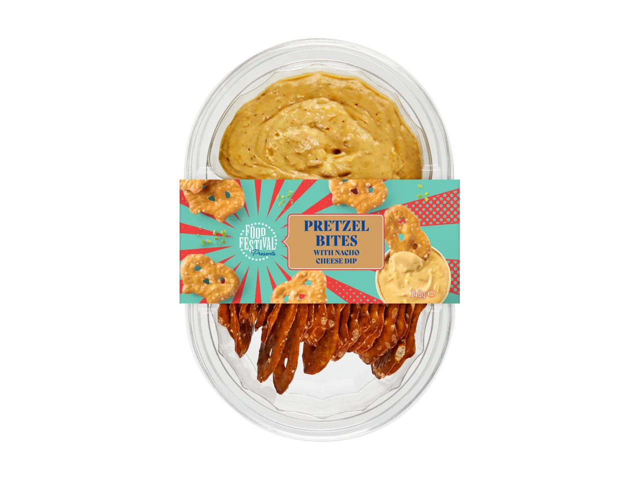 Pretzel bites with nacho cheese dip in a clear plastic container, with a colorful label.