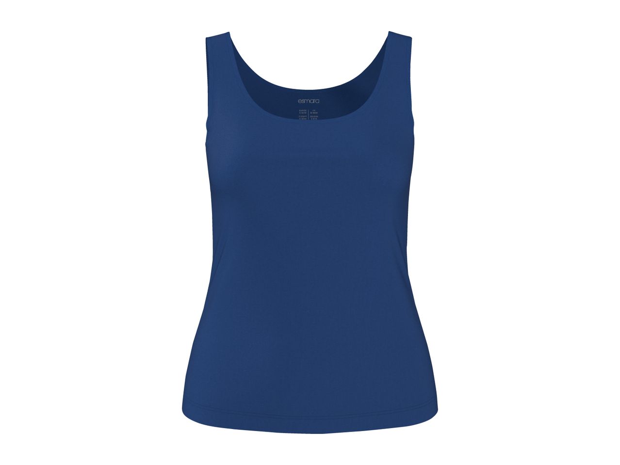 Blue women's tank top with a scoop neck and size label showing S 36/38.