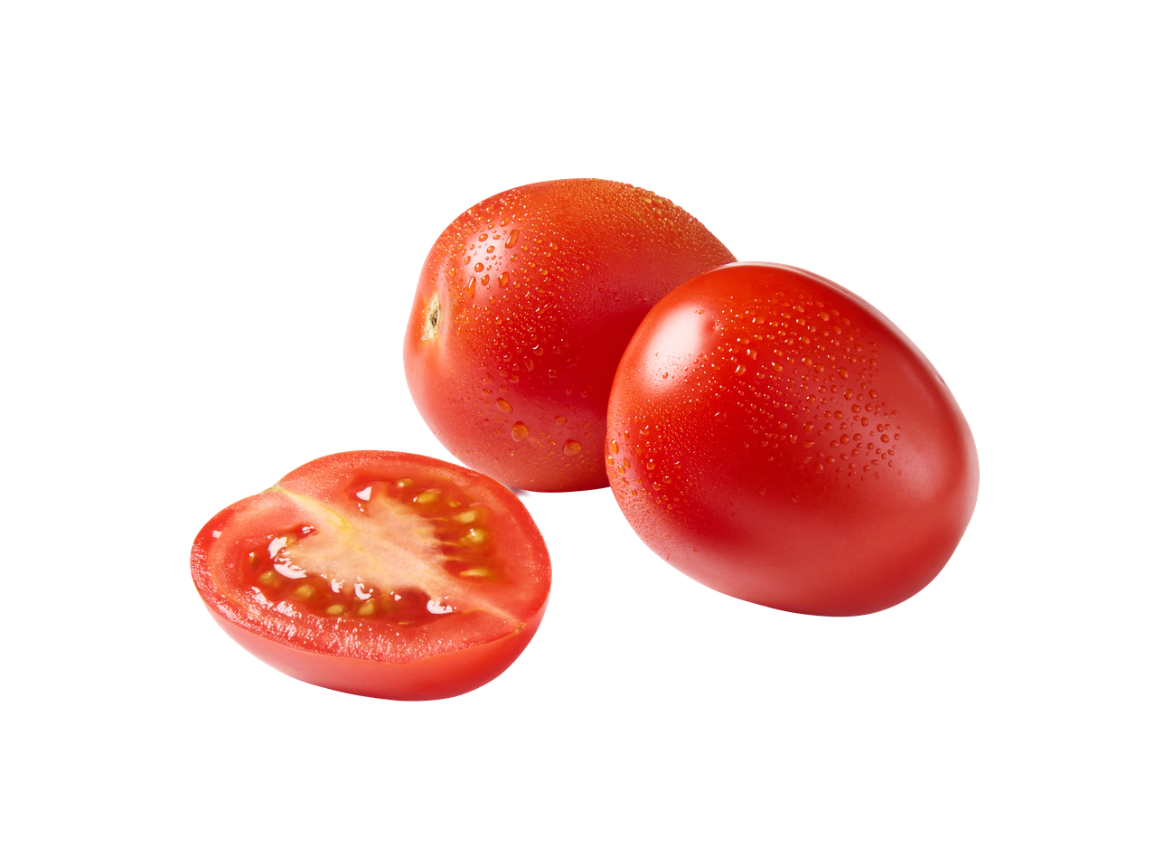 Dois tomates cereja inteiros e um tomate cereja cortado ao meio, com gotas de água.