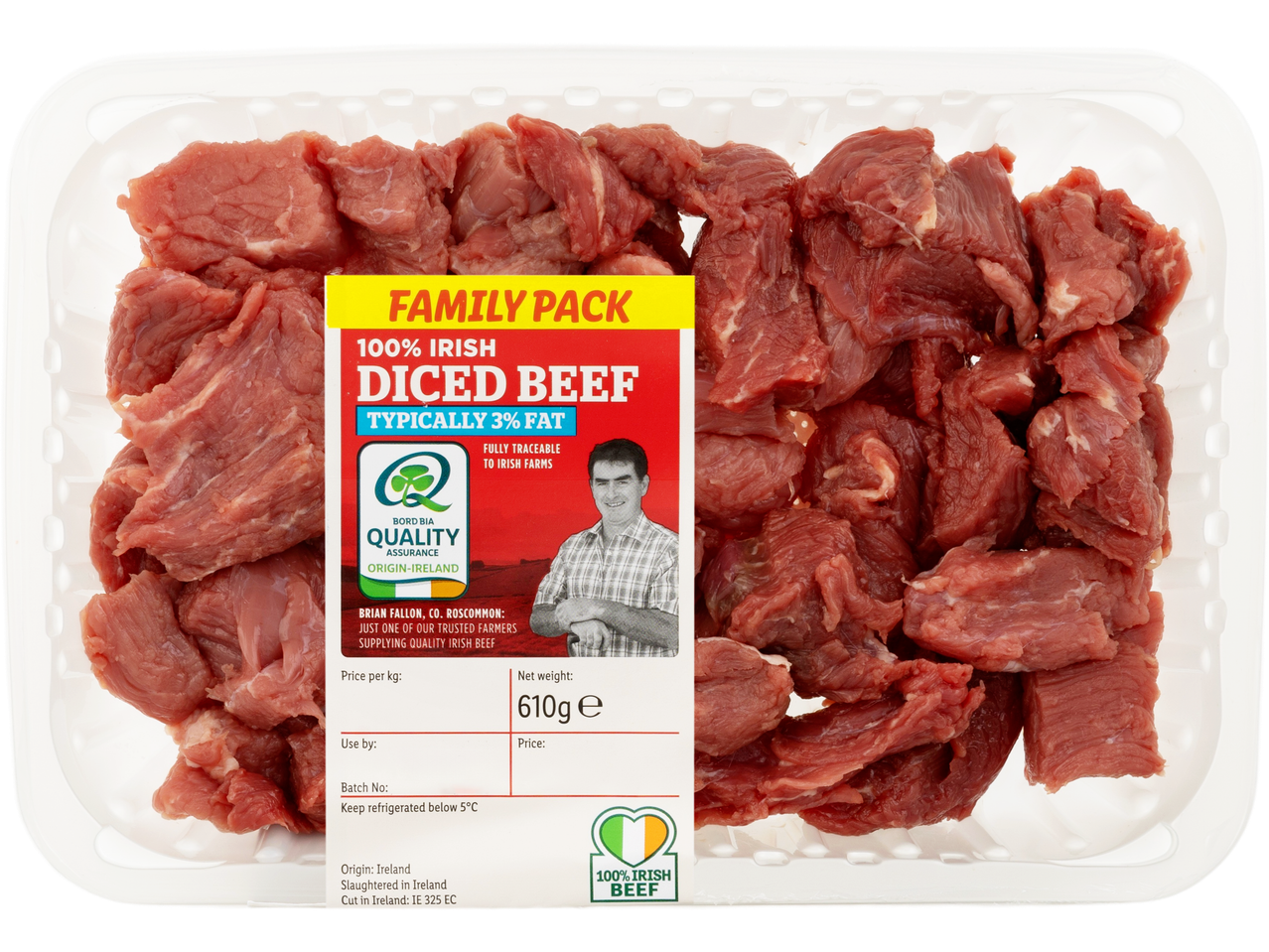 A family pack of 100% Irish diced beef with a label featuring a farmer and product details.