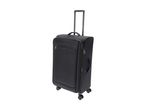 Black soft-sided suitcase with an extended telescopic handle and four spinner wheels.