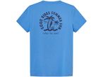 Blue t-shirt with a graphic print of palm trees, surfboards, and text 