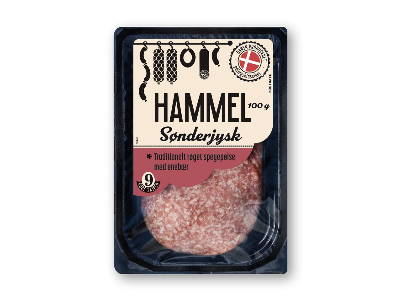 Pakke med Hammel Sønderjysk spegepølse, traditionelt røget med enebær.