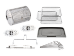 Air fryer accessories including a rotisserie basket, mesh baskets, drip tray, and skewers.