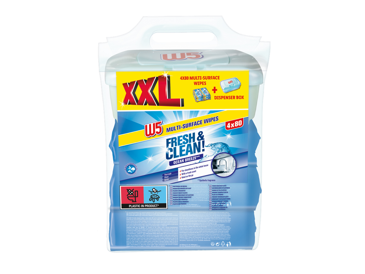 Paquet de lingettes multi-surfaces XXL avec distributeur, parfum brise marine.