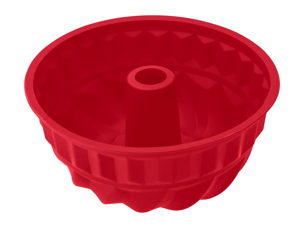 Red silicone bundt cake mold with a fluted design.