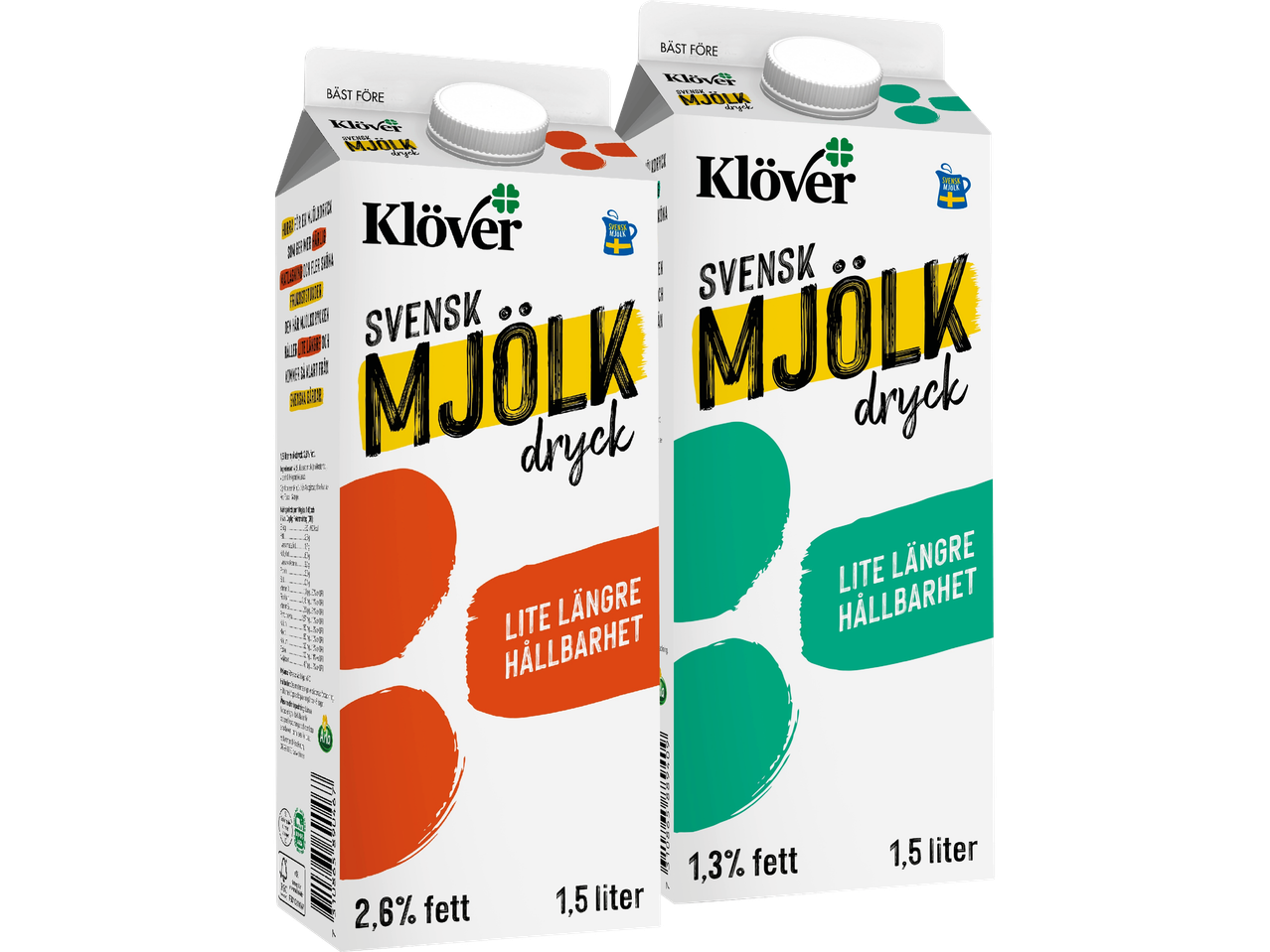Två Klöver mjölkförpackningar, 1,5 liter vardera, med 2,6% respektive 1,3% fett.