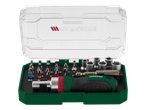 PARKSIDE® ratchet and socket bits set in an open green and clear plastic case.