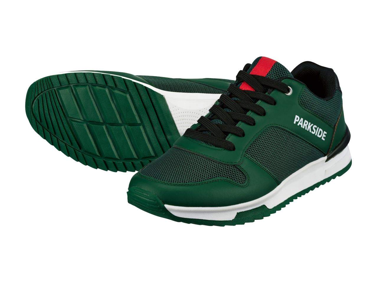 Grønne og hvide Parkside-sneakers med sorte snørebånd og rød stribe.