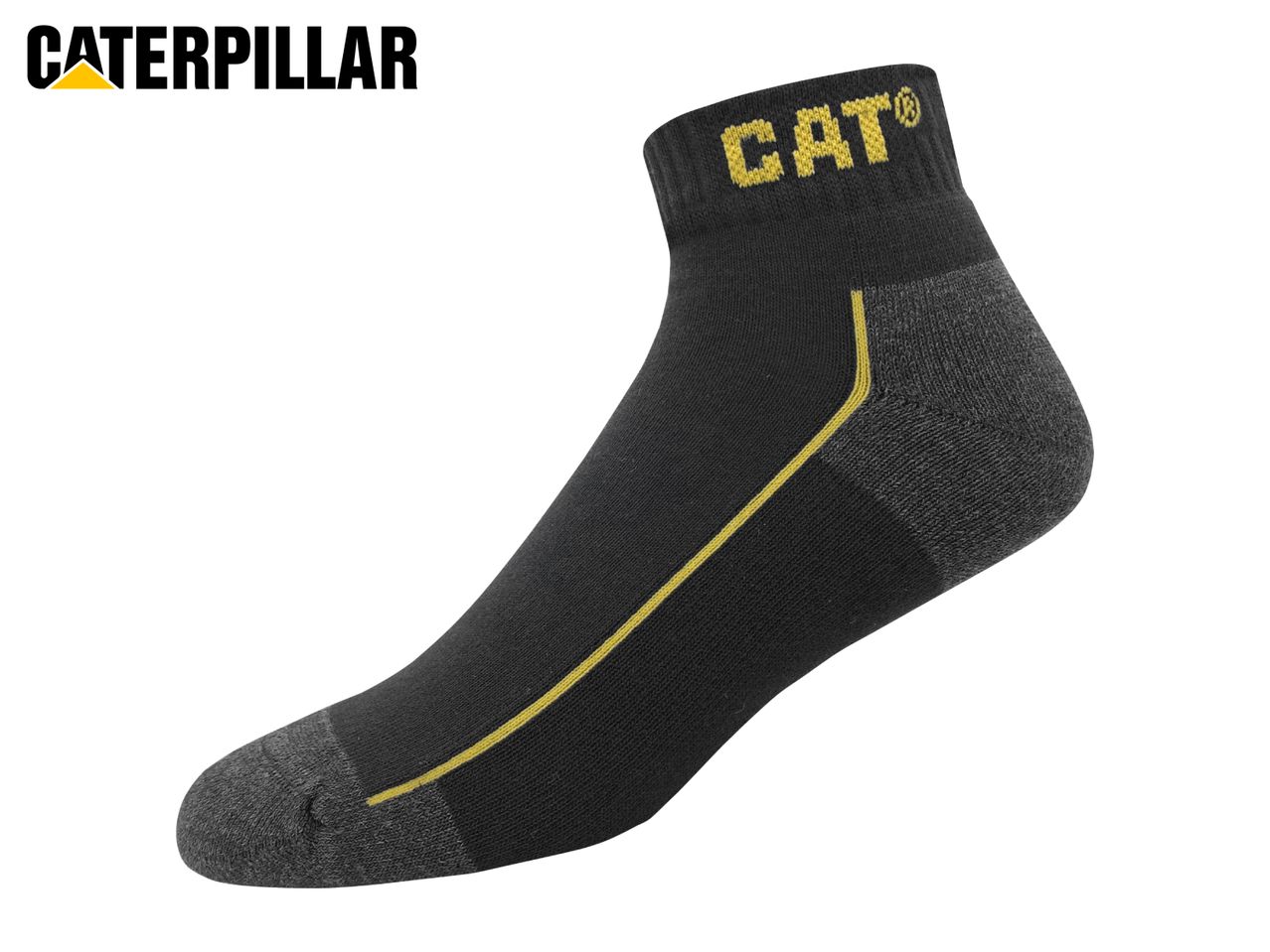 Black ankle sock with a yellow stripe and 'CAT' logo on the cuff.