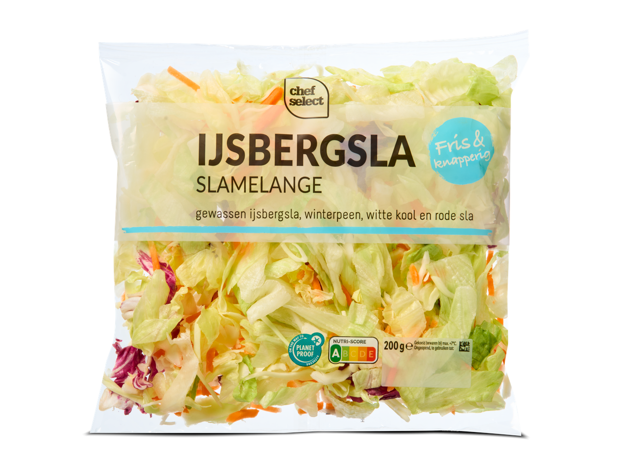 Chef Select IJsbergsla melange met winterpeen, witte kool en rode sla in een transparante zak.