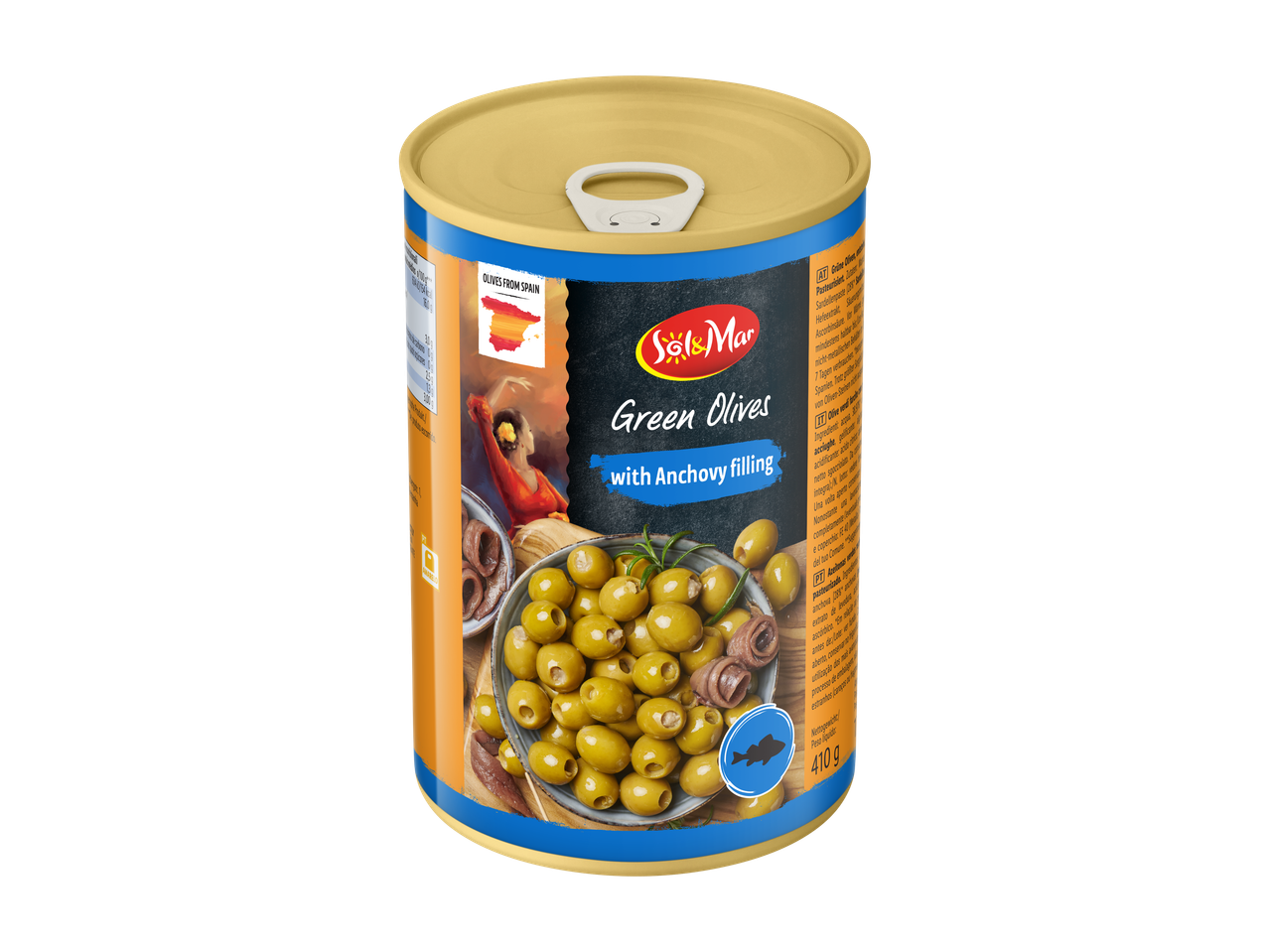Sol&Mar Azeitonas Verdes com recheio de Anchova em lata, 410g
