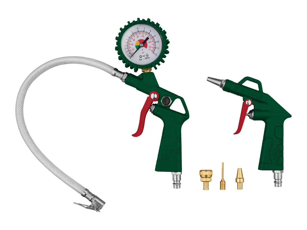 PARKSIDE tire inflator with pressure gauge, air blow gun, and various nozzles.