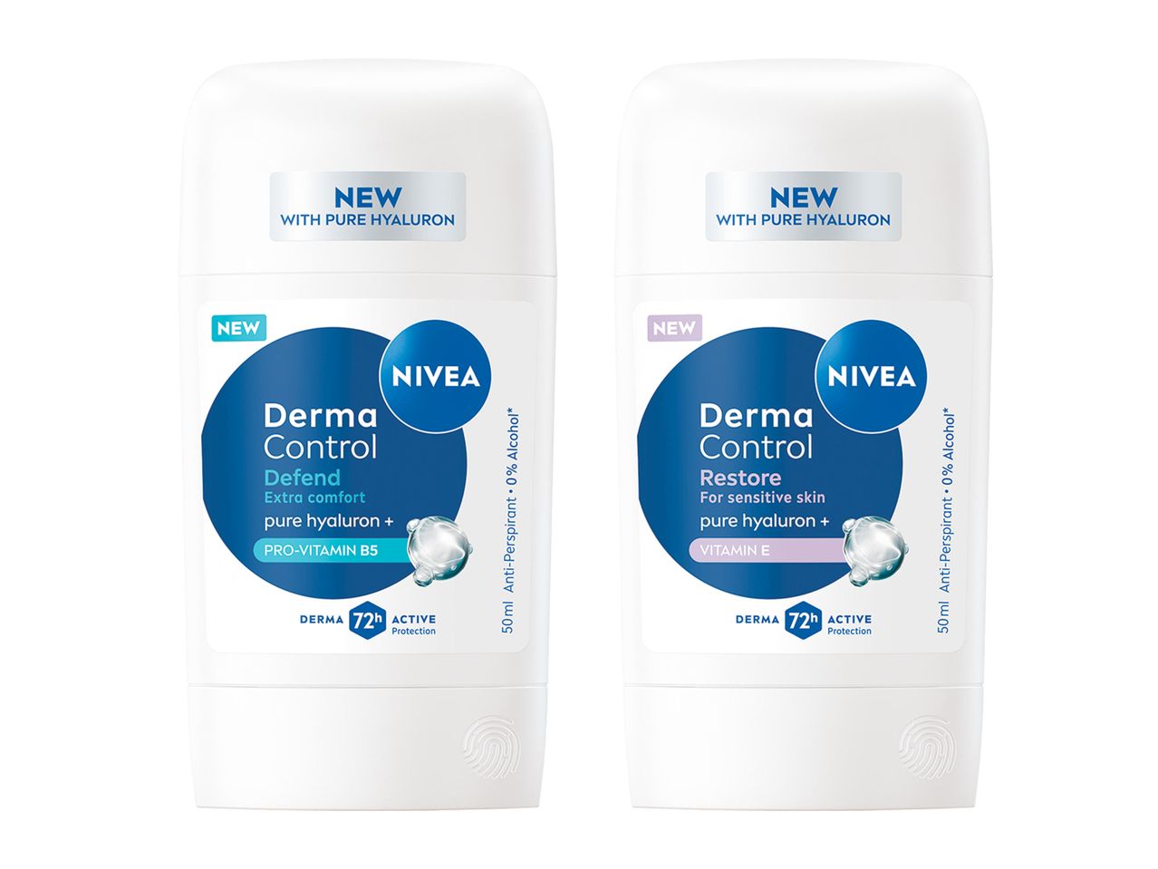 Două deodorante Nivea Derma Control, unul Defend cu Pro-Vitamin B5 și unul Restore cu Vitamin E.