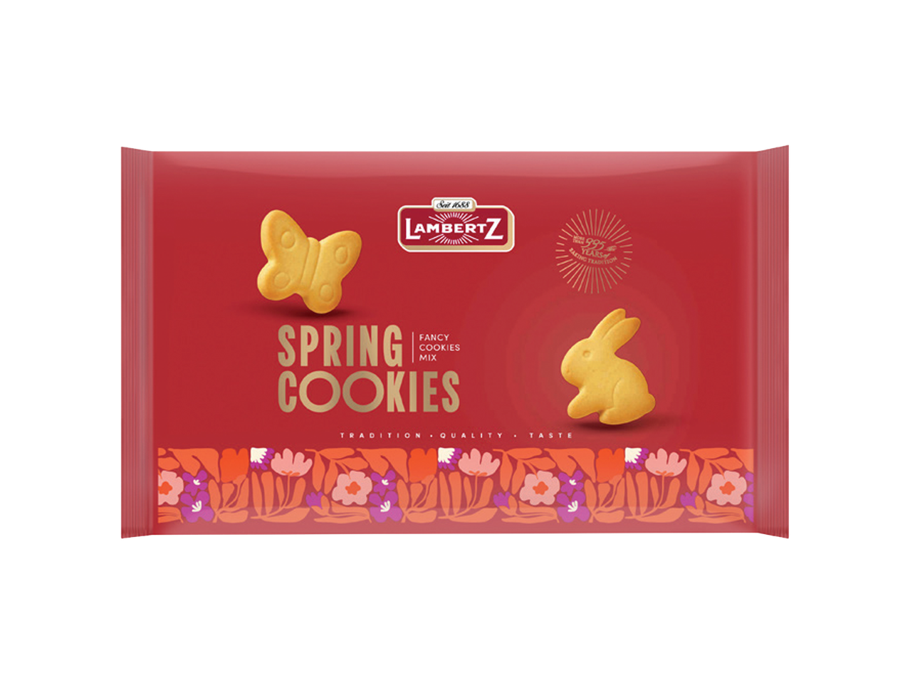 Crveno pakovanje prolećnih keksića u obliku leptira i zeca, sa cvetnim dezenom.