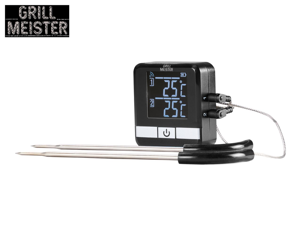 Digital grill thermometer with two probes showing 25°C, and a power button.