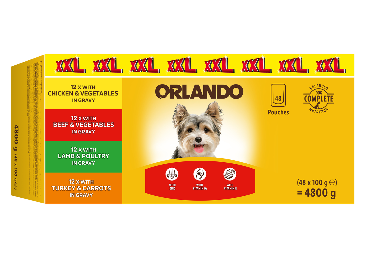 Boîte de 48 sachets de nourriture pour chien en sauce, saveurs poulet, bœuf, agneau et dinde.