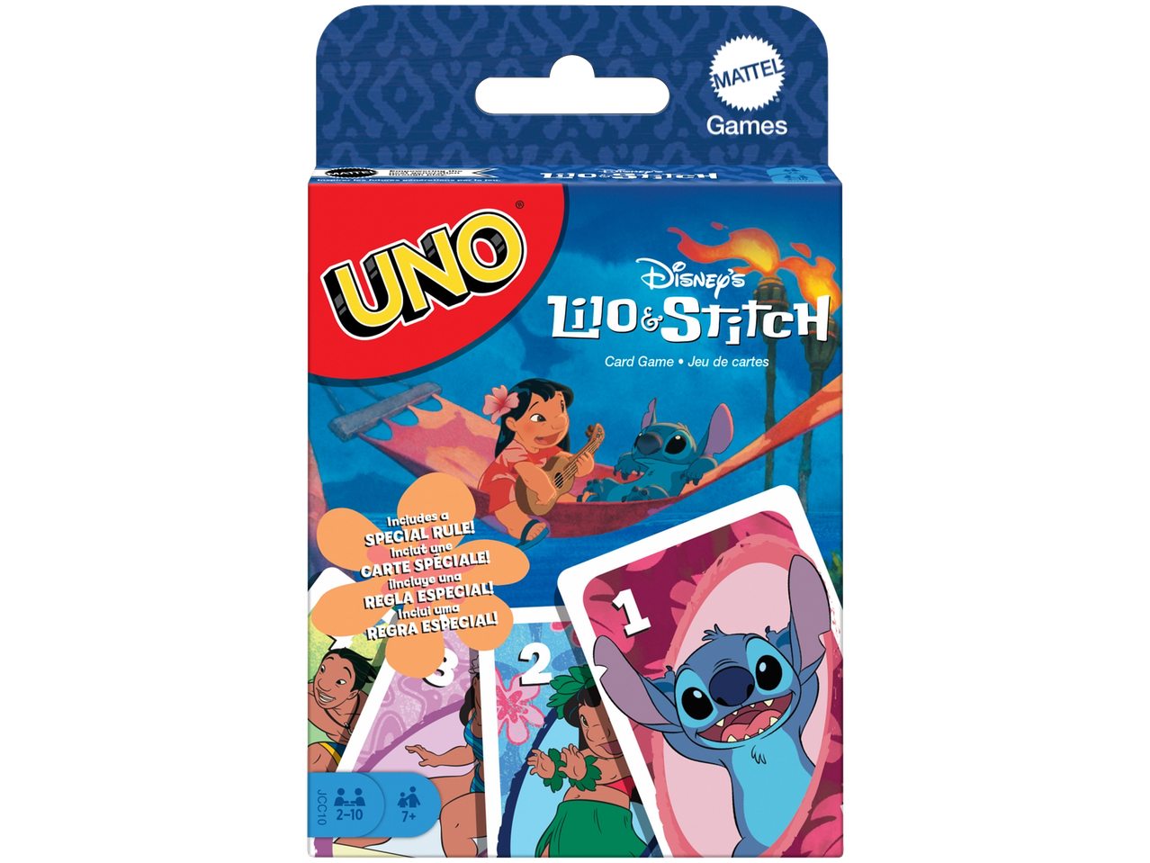 UNO Disney Lilo & Stitch kortų žaidimas su Lilo, grojančia ukulele, ir Stitchu hamake.