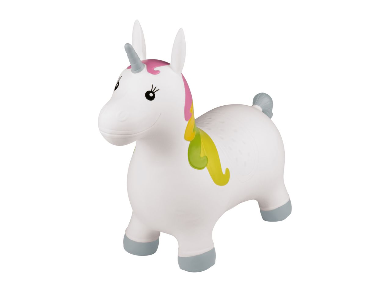 A white inflatable unicorn bouncy toy.
