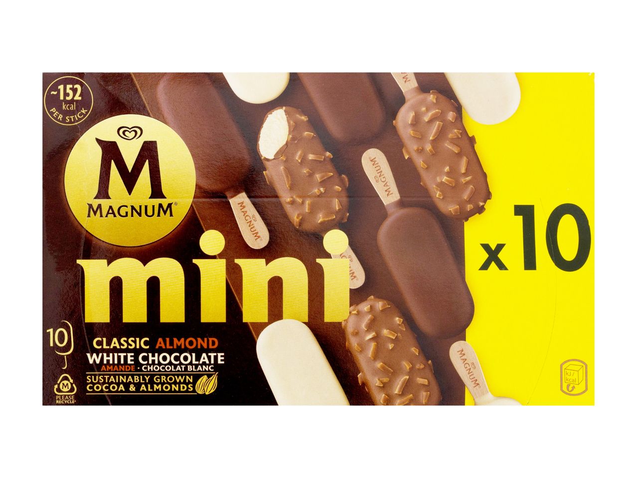 A box of Magnum Mini ice cream sticks, featuring classic almond and white chocolate flavors.