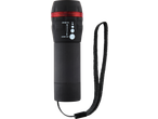 Lanterna LED CRIVIT preta com anel vermelho e função de zoom, com cordão preto.