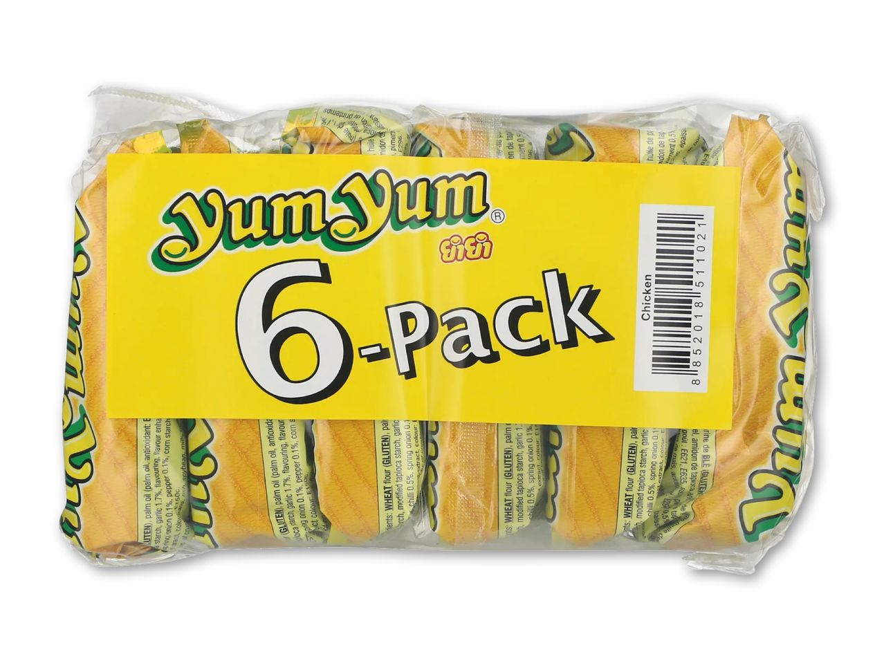 En 6-pakke kyllingesmag instant nudler i en klar plastikindpakning.