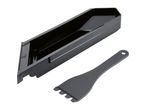Black plastic grill cleaning tool set with a scraper and a long tray.