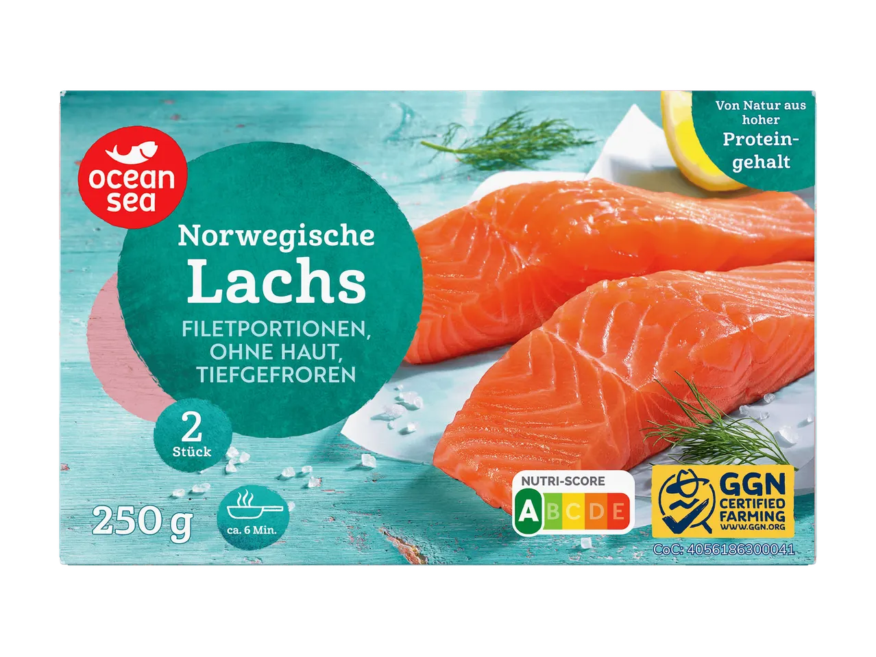 Verpackung mit norwegischem Lachs, Filetportionen ohne Haut, tiefgefroren, 2 Stück, 250g.