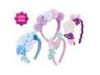 Three colorful headbands with flowers and bows, and a pink label saying 'WITH MANY SPECIAL PARTS'.