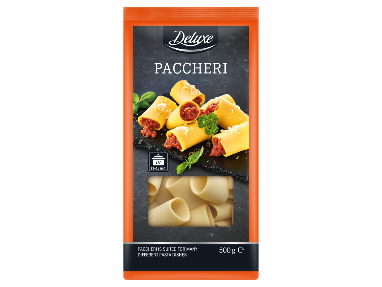 DELUXE Paccheri makaroni ar pildītu makaronu pasniegšanas ieteikumu.