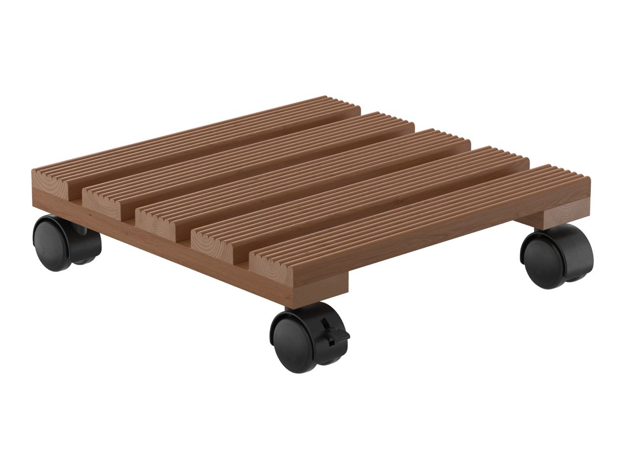 Wooden plant caddy with slatted top and four black caster wheels