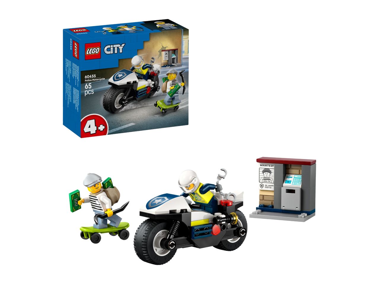Toy police motorcycle set with a police officer, a robber, and an ATM.