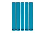 Five teal-colored cylindrical objects stand vertically.