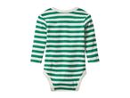 Green and white striped long-sleeve baby bodysuit, back view.